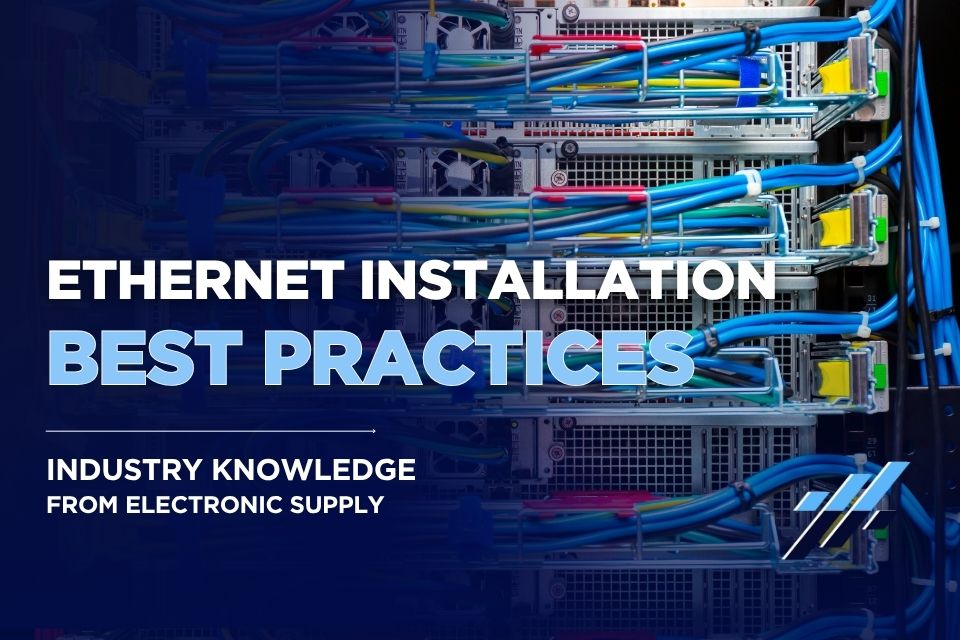 Server rack with professionally installed Ethernet cables following best practices from Electronic Supply